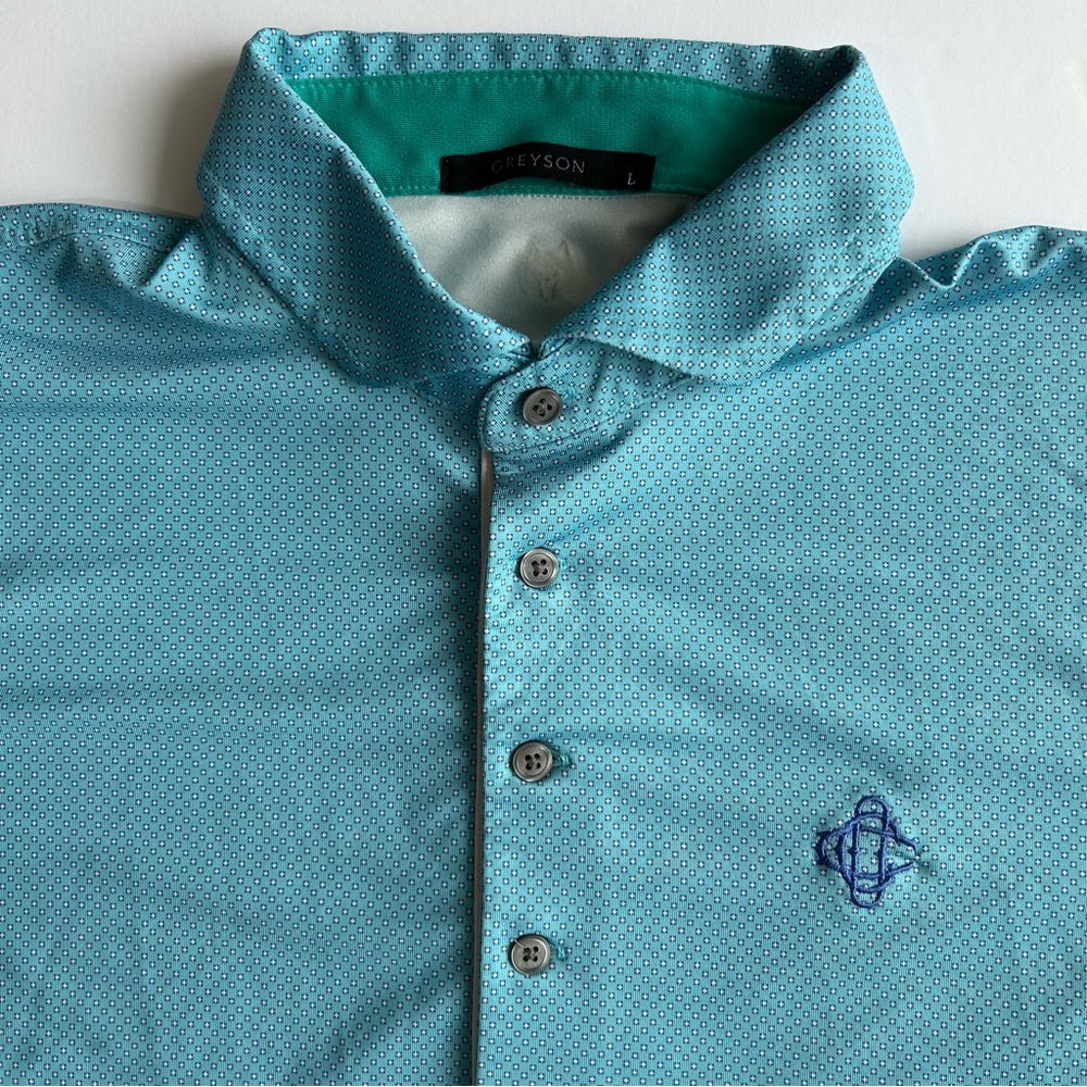 Greyson Golf Polo Men's Large Teal Shirt Geo Polka Dot Omaha Country Club Logo